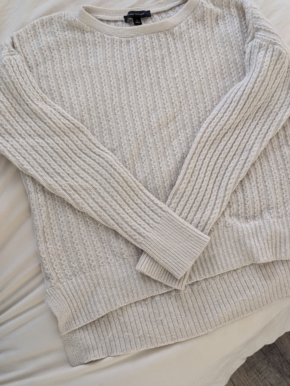 Ann Taylor Oatmeal Cable Crewneck Sweater